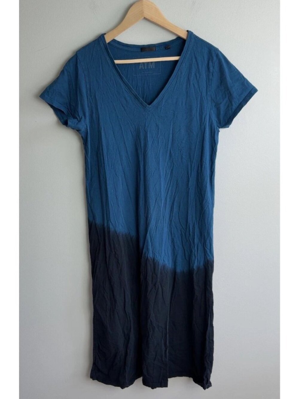 ATM Anthony Thomas Melillo V-Neck T-Shirt Dress Dip-Dye Blue Black Size Large Wm